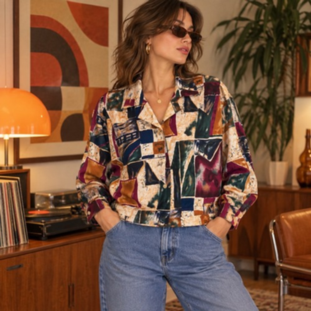 Allison Daley Womens Petite M Abstract Geometric Satin Retro Boxy Blouson Blouse